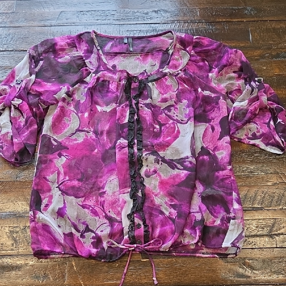 Maurices Sheer Purple and Pink Floral Blouse Size Medium